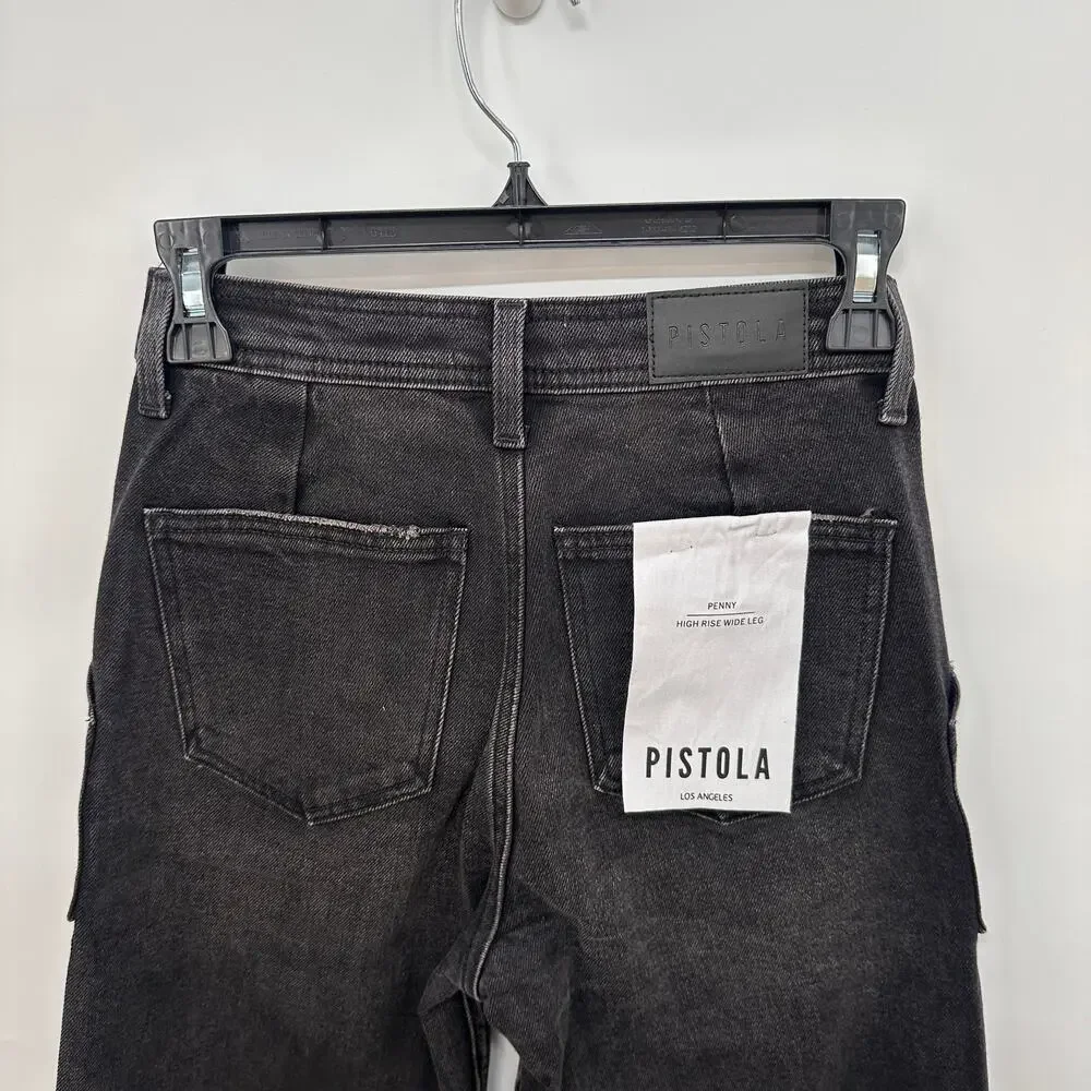 PISTOLA NWT Evereve Penny Utility High Rise Wide Leg Black Denim Collins // 24